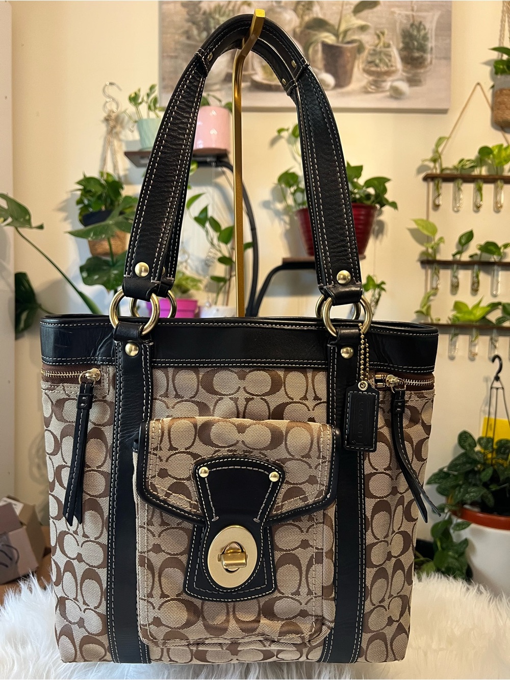 Coach Brown Signature Canvas Tote with Black Leather Trim